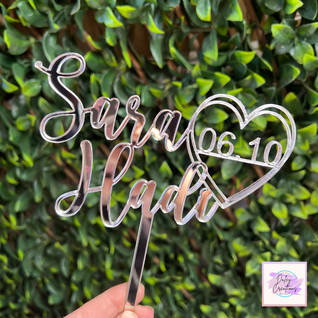 Personalised Names & Date Cake Topper – Custom Acrylic (15cm)