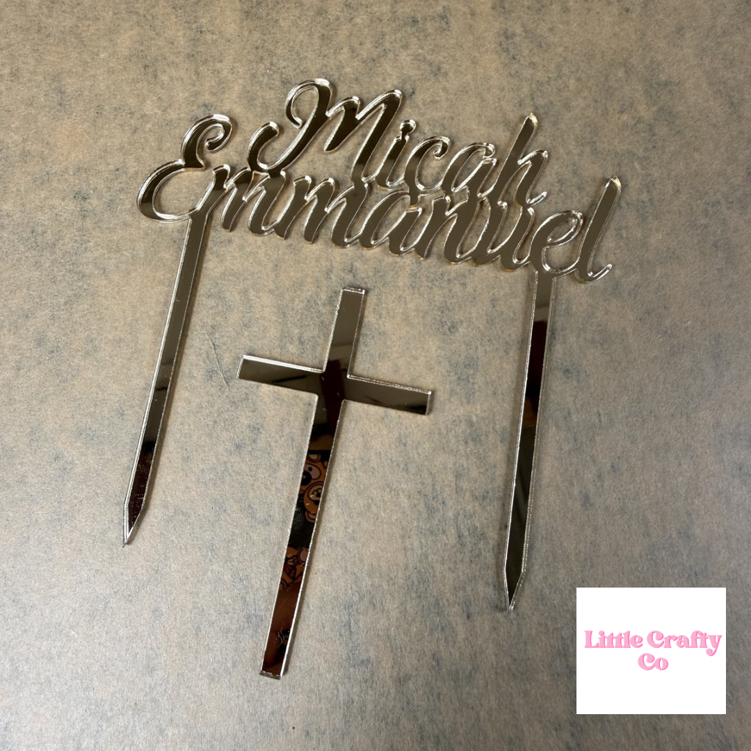 Personalised Acrylic Name & Cross Cake Topper Set