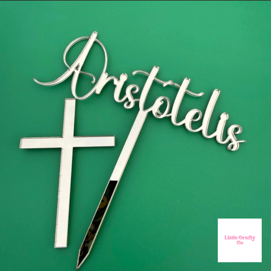 Personalised Acrylic Name &amp; Cross Cake Topper Set
